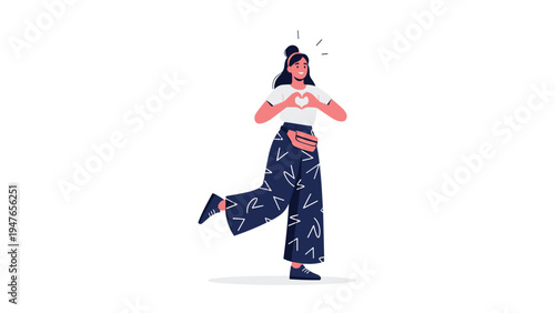 Energetic young woman wearing patterned pants and a waist bag making a heart gesture with her hands on a white background.