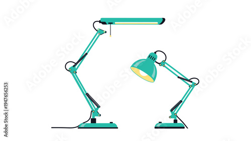 Pair of modern adjustable green architect desk lamps with different shapes and bulbs standing on a plain white background.