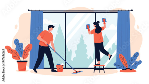 Man and woman cleaning a large sliding glass window together at home with a squeegee, cloth, and a bucket of water.