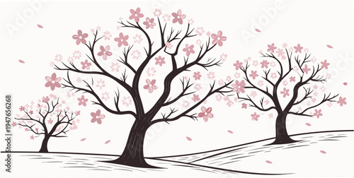 Three trees with pink blossoms on a hillside Vector