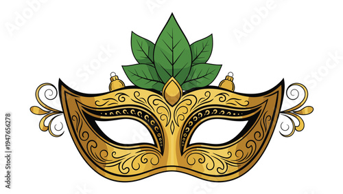 Elegant golden masquerade mask featuring ornate scrollwork patterns and green leaf decorations for a festive ball or carnival.
