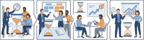 Team Time Management Storyboard Vector Illustration — Deadline Planning, Workflow Execution and Project Success