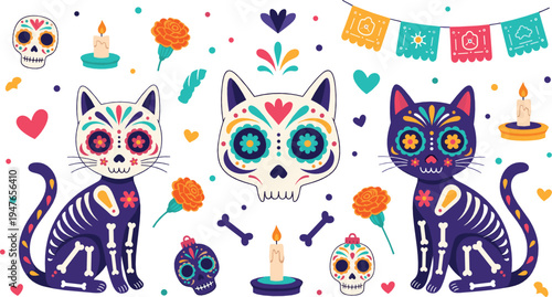 Day of the Dead cat and sugar skull vector set with colorful Mexican Dia de los Muertos decorations, candles, flowers and festive elements