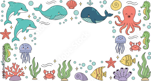 Cute underwater sea life frame vector illustration with dolphins, whales, octopus, jellyfish, seahorses, fish, coral and bubbles in cartoon style