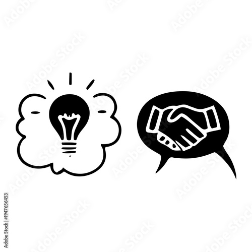 Hand-drawn corporate team shares ideas in inclusive brainstorming session with handshake