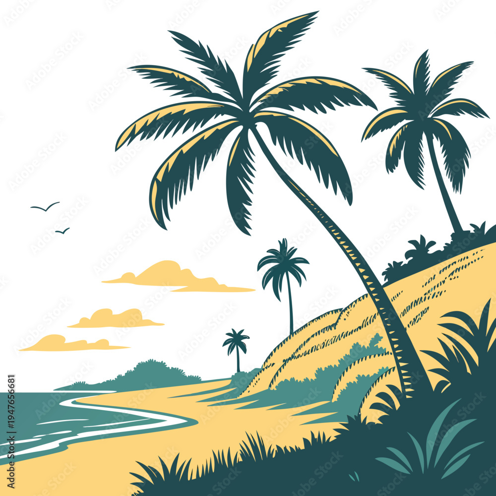 Obraz premium A tropical beach with palm trees on a sandy hill Vector