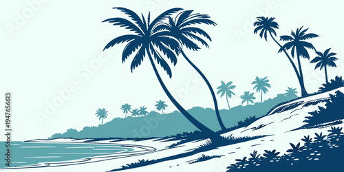 A tropical beach with palm trees on a sunny day Vector