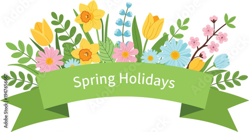 A colorful illustration of flowers and a green ribbon with the words Spring Holidays on a white background