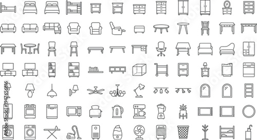 Home furniture and household appliances line icons collection, interior design objects kitchen living room bedroom outline vector set