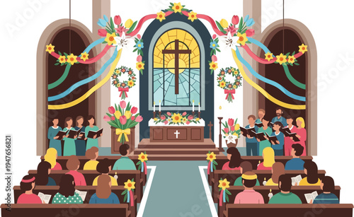 A vibrant church interior with a choir performing and congregation seated in pews during a festive service