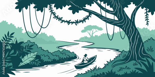A serene jungle river with a canoe and lush greenery Vector
