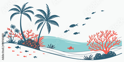 A tropical island with palm trees and coral reef Vector