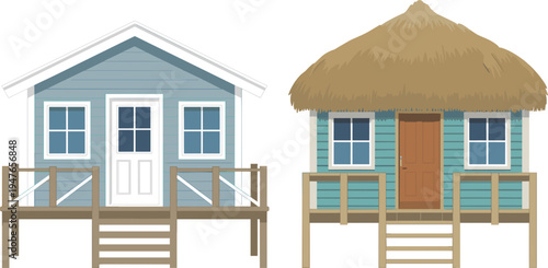 Tropical beach hut and wooden bungalow vector set for summer vacation and island travel design