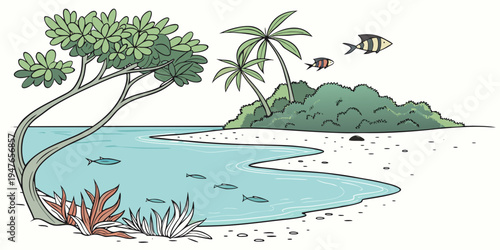 A tropical island with a tree and fish in the water Vector