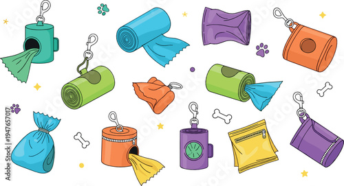 Dog waste bags and dispensers vector set with poop bag rolls, holders, scooper accessories and pet cleanup items cartoon illustration