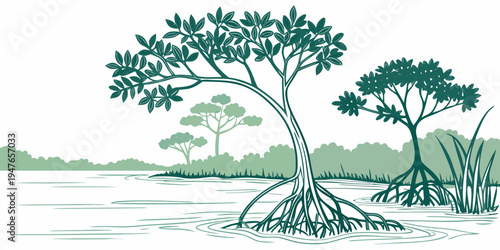 A group of trees on the bank of a body of water Vector
