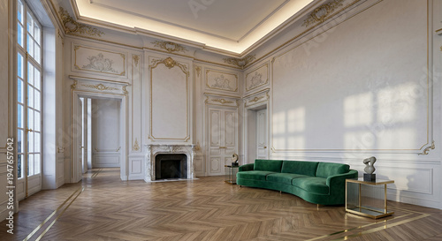 A luxurious, empty living room with ornate gold trim, a marble fireplace, and a plush green sofa.