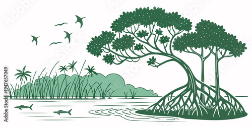 A green illustration of trees and birds near a body of water Vector