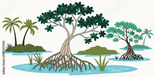 A mangrove tree with exposed roots in a tropical wetland ecosystem Vector
