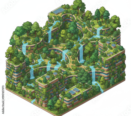 Isometric depiction of a sustainable eco-city. Green architecture, terraced buildings, integrated waterfalls, and abundant nature create a harmonious vision for future urban living