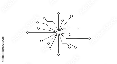 Abstract digital network connection, tech concept, central hub with radiating lines and nodes