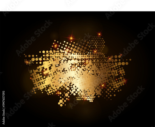 Gold grunge halftone spot. Golden dotted brushstroke bg
