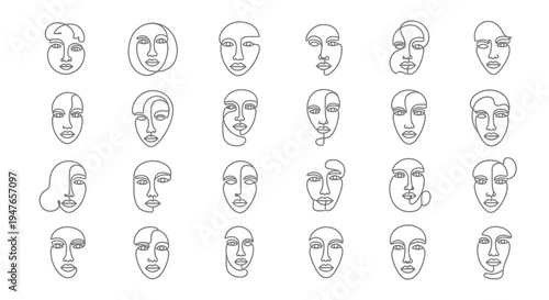 Abstract Continuous Line Faces Drawing Set, Minimalist Art