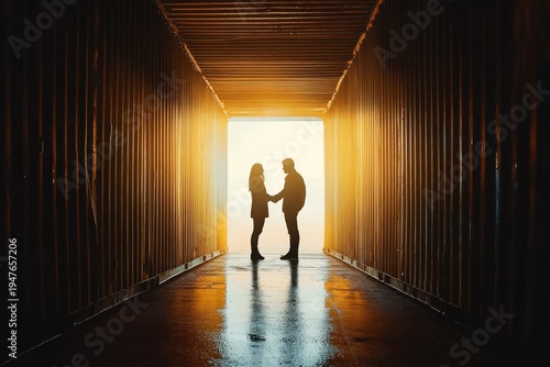 Wallpaper Mural silhouetted couple holding hands in a sunlit shipping container corridor with warm golden glow and reflective wet floor, conveying intimacy and hope Torontodigital.ca