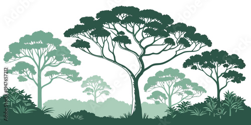A group of trees in a forest with bushes Vector