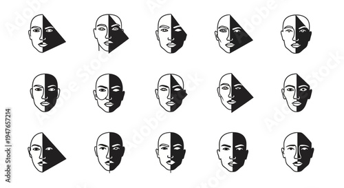 Abstract Faces with Geometric Shadow Patterns, Minimalist Vector Art