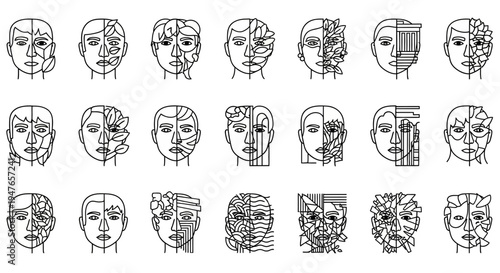 Abstract Faces with Nature Elements, Line Art Human Heads, Conceptual Art