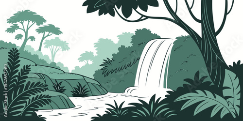 A scenic waterfall in a lush green forest with trees and foliage Vector