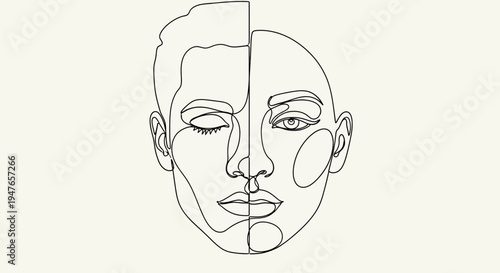 Abstract Line Art Drawing of a Split Face, One Eye Open, One Closed