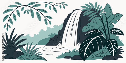 A serene waterfall surrounded by lush greenery and tropical plants Vector