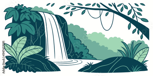 A waterfall in a lush green forest with plants and trees Vector