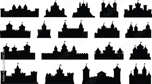 Assortment of Black Silhouette Castles with Flags on White Background medieval fortress
