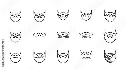 Beard and Mustache Styles Collection - Vintage Line Art Icons