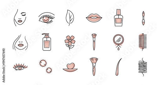 Beauty and Cosmetics Line Icons Set: Skincare, Makeup, and Wellness