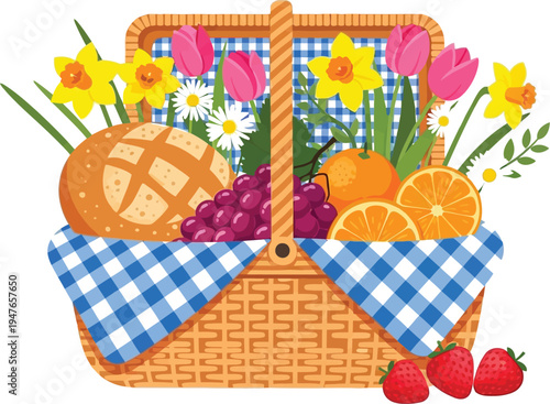 A colorful illustration of a wicker picnic basket filled with fresh fruits and flowers