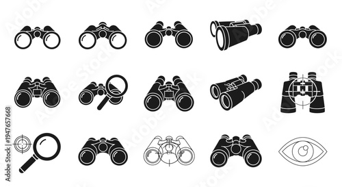Binoculars and Magnifying Glass Icons Set - Search, Vision, Discovery