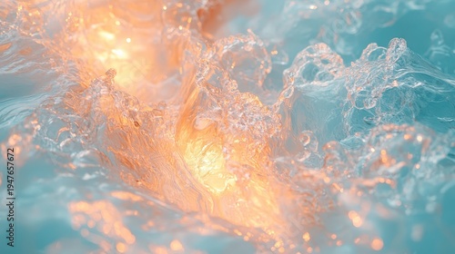 Light illuminates water surface close up detailed view of water surface capturing light reflection