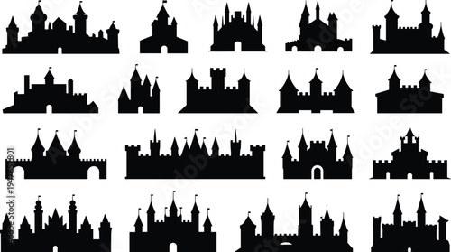 Diverse Collection of Black Silhouette Castles with Flags on White Background medieval fortress