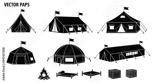 Camping Tents Collection: Various Styles with Campfire and Gear Icons