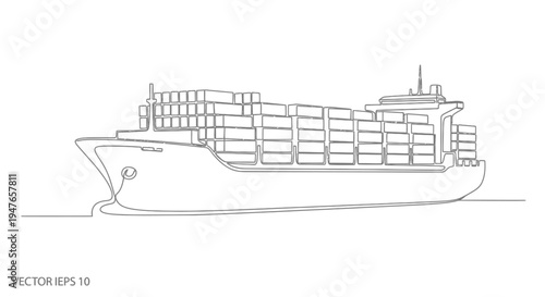 Cargo Ship Outline Drawing, Container Vessel Vector Art