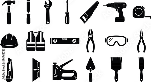 Construction tools and safety equipment icons collection, hammer saw drill screwdriver pliers helmet repair vector illustration set
