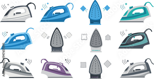 Electric steam iron household appliance vector illustration set featuring modern clothes irons, laundry equipment, garment care tools and home cleaning technology
