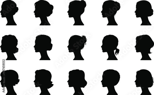 Fifteen black silhouette profiles of women's hairstyles and heads on a white background woman female