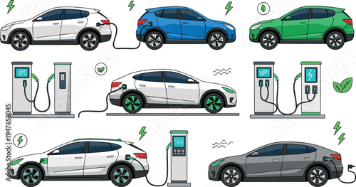 Electric vehicle charging station vector illustration set with modern EV cars, battery charging points, green energy transportation and eco friendly mobility concept
