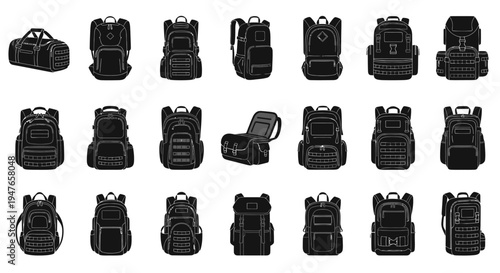 Collection of Backpacks and Duffel Bag Icons, Vector Set