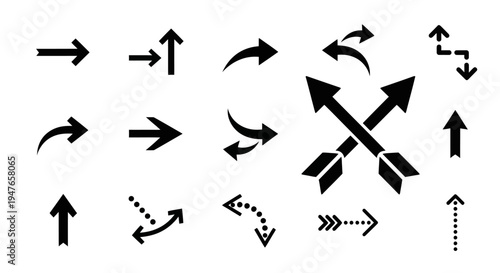 Collection of Black Arrows Icons and Symbols on White Background